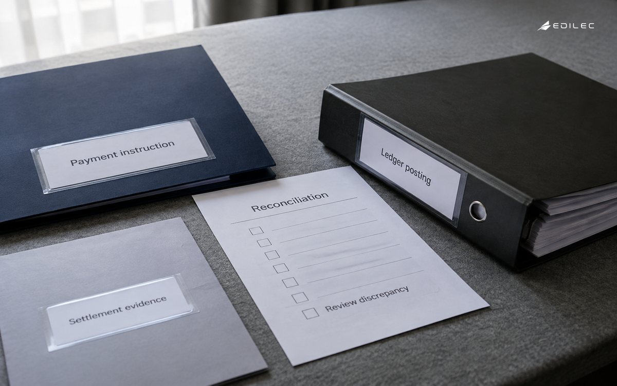Separate payment-instruction and ledger binders meet at a reconciliation checklist.