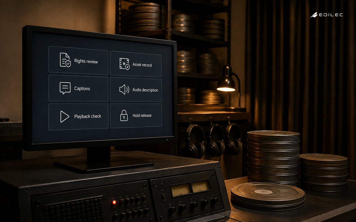A film-archive suite pairs film cans and headphones with rights, asset and accessibility review labels.