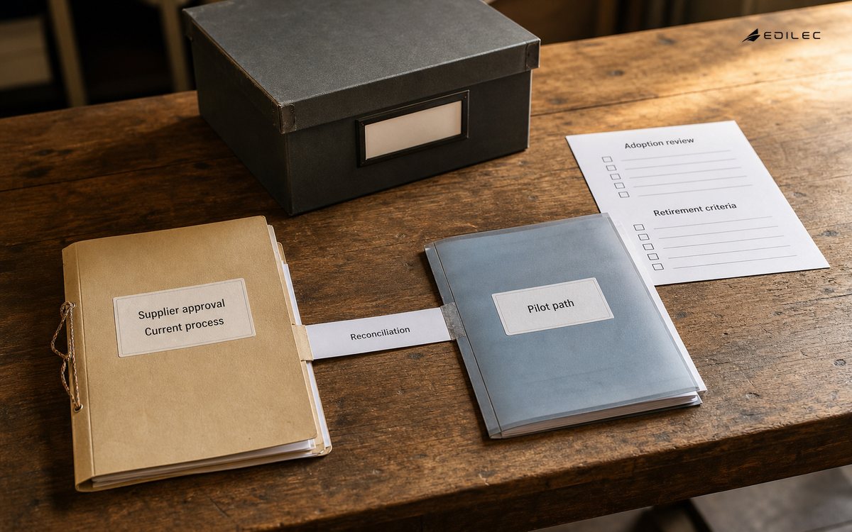 Current and pilot supplier processes connect through reconciliation and retirement-criteria paperwork.