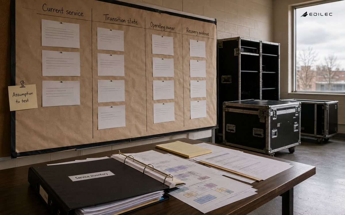 A performing-arts planning room connects current services, transition states and operating evidence.
