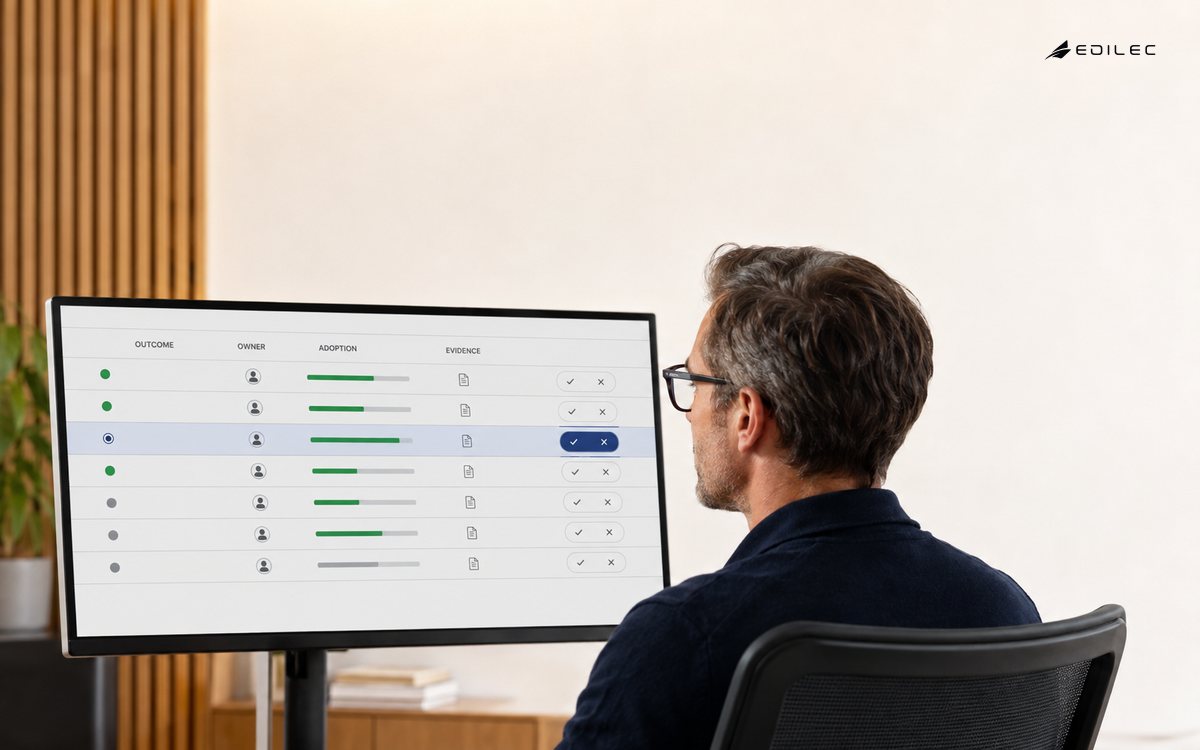 An enterprise transformation application tracks each Outcome, Owner, Adoption state and supporting Evidence.