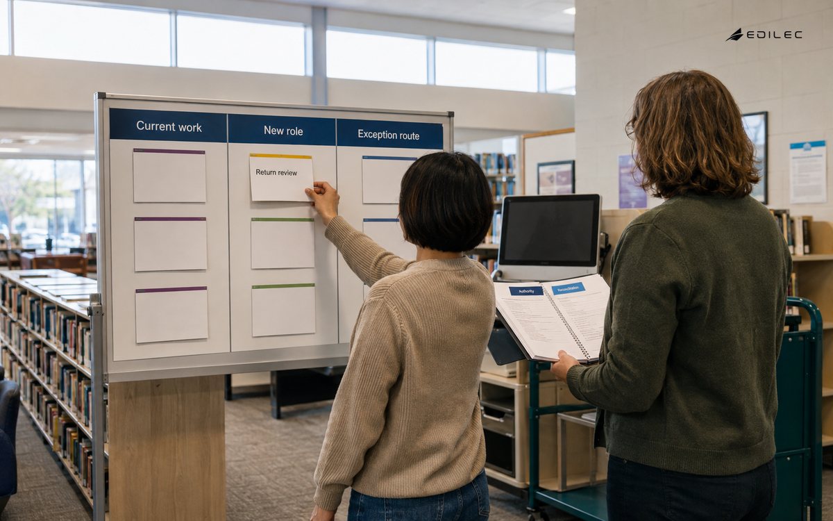 Library colleagues rehearse a changed return-review handoff with role and exception boundaries.