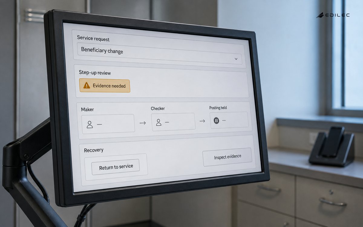 A banking review display holds a beneficiary change while identity evidence and dual review remain incomplete.