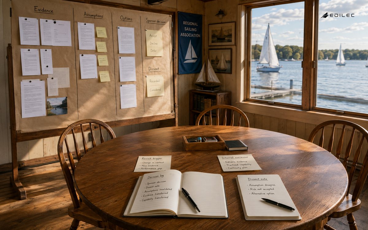 A sponsor meeting room keeps evidence, assumptions, options and the next internal owner visible.