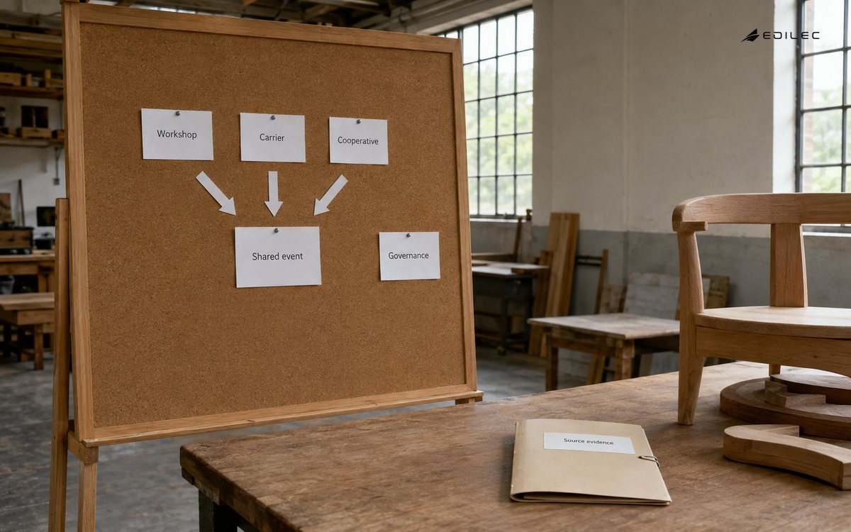 A furniture cooperative maps participant roles, a shared event and separate source evidence.