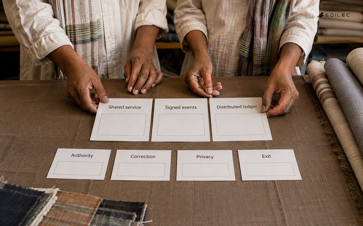 Textile partners compare shared-service, signed-event and ledger approaches against authority and correction needs.