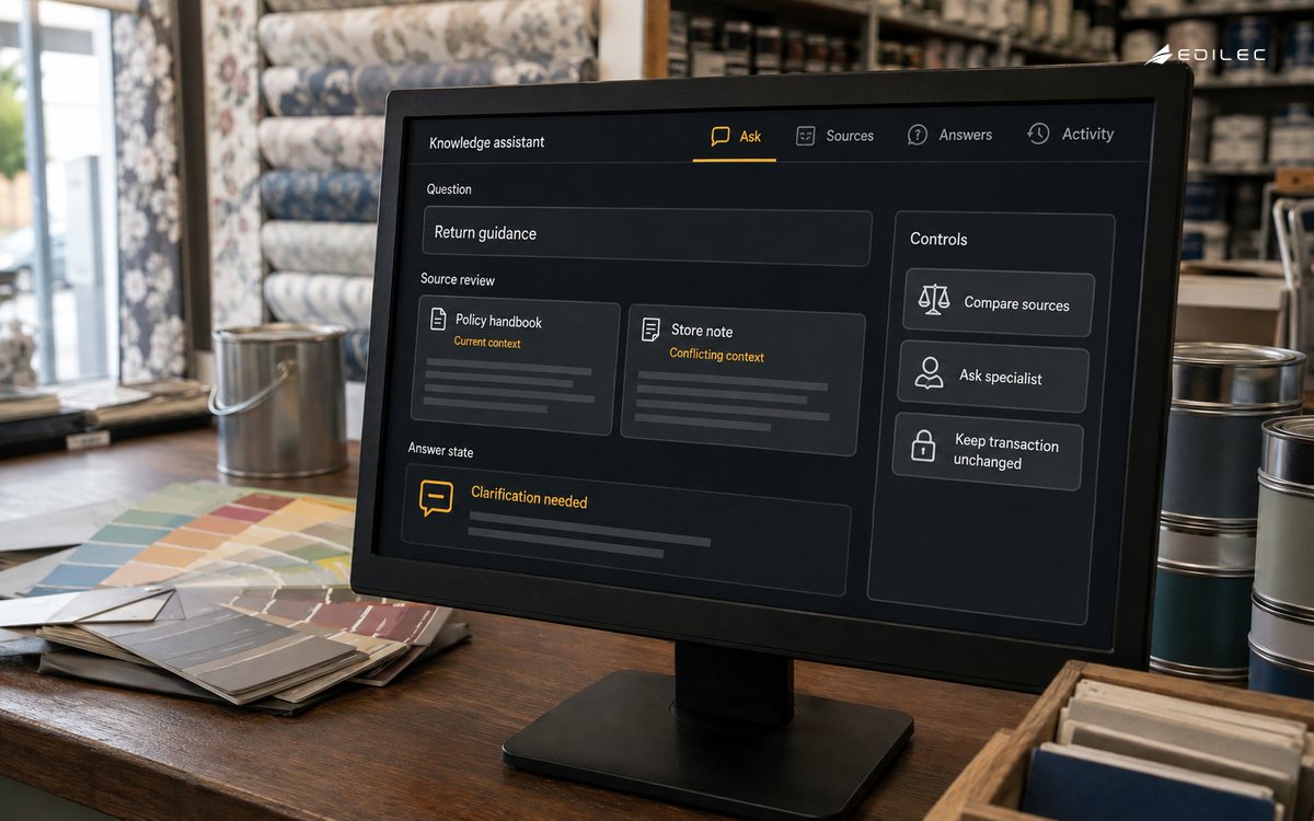 A retail knowledge assistant asks for clarification when return-policy sources conflict.