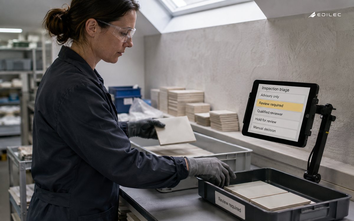 A quality specialist moves a tile into a review tray beside an advisory inspection display.