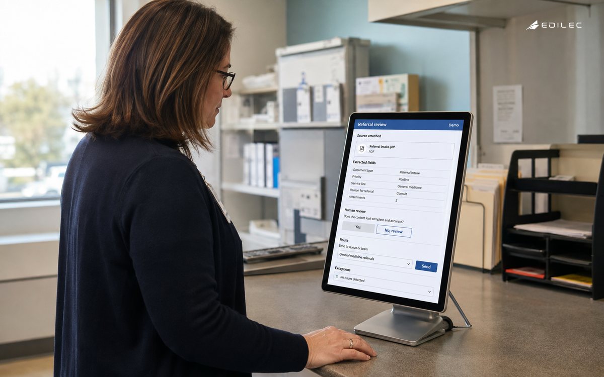 Candid side photograph of a standing healthcare administrator reviewing a fictional referral intake on a real opaque tablet in a metal stand at a clinic back-office counter.