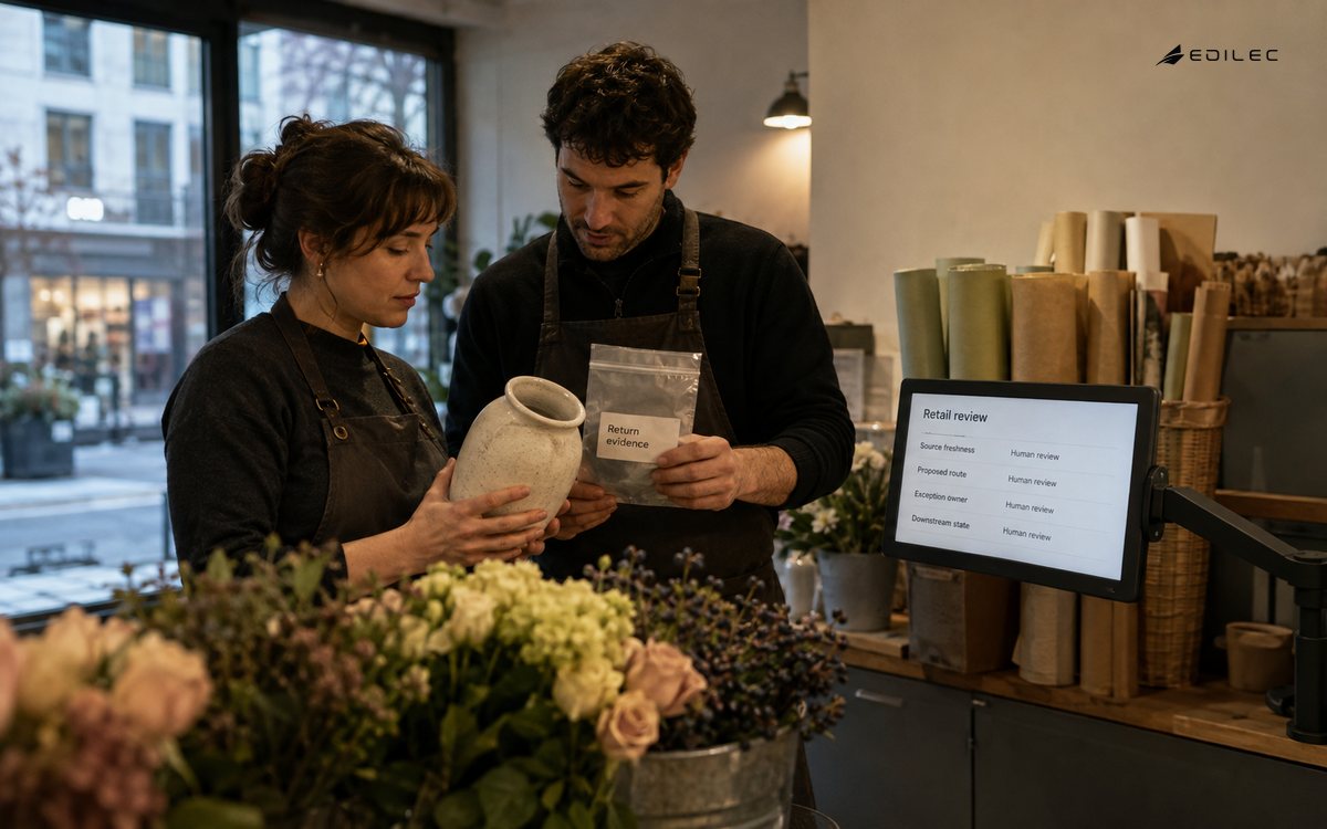 Florist operators review a return with source freshness and human exception ownership visible.