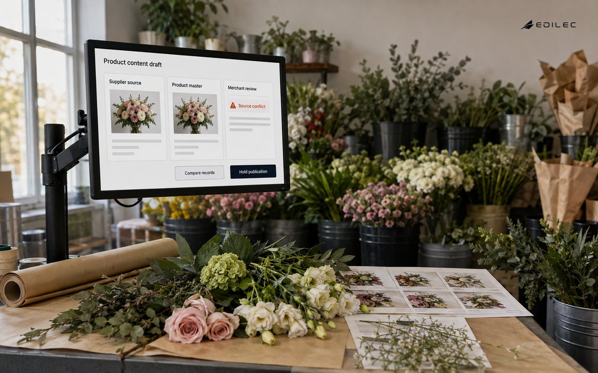 A florist's catalog room holds a product-content draft after a conflict between supplier and product-master records.