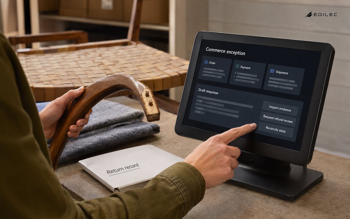 A furniture-return operator inspects commerce evidence before requesting a refund review.