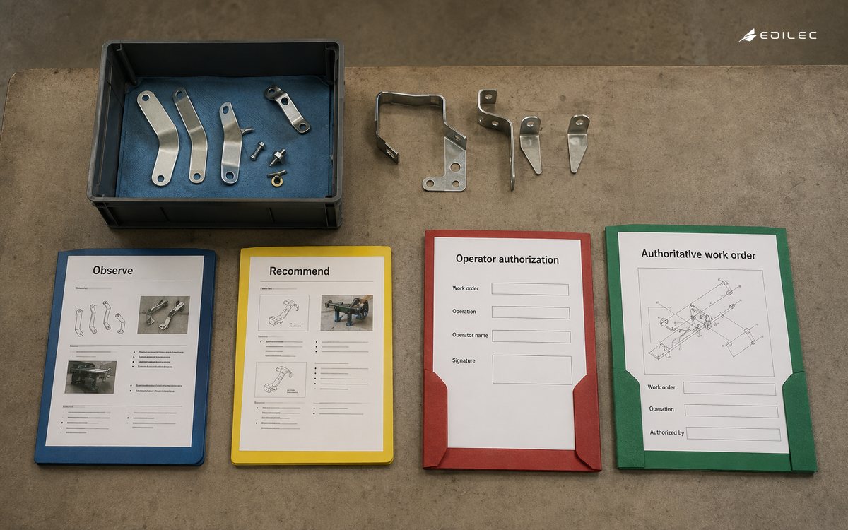 Overhead photograph of an assembly-work planning table with sample nonpowered brackets and separate observation, recommendation and control folders.