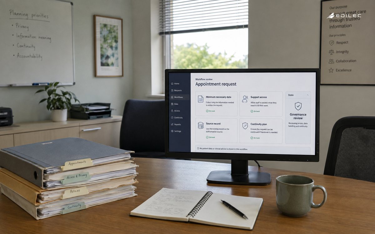 Wide photo of an empty clinic administration planning room, privacy folders and a modest opaque monitor on proper stand.