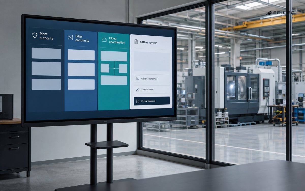 An empty plant planning room overlooks inactive machining equipment through safety glazing.