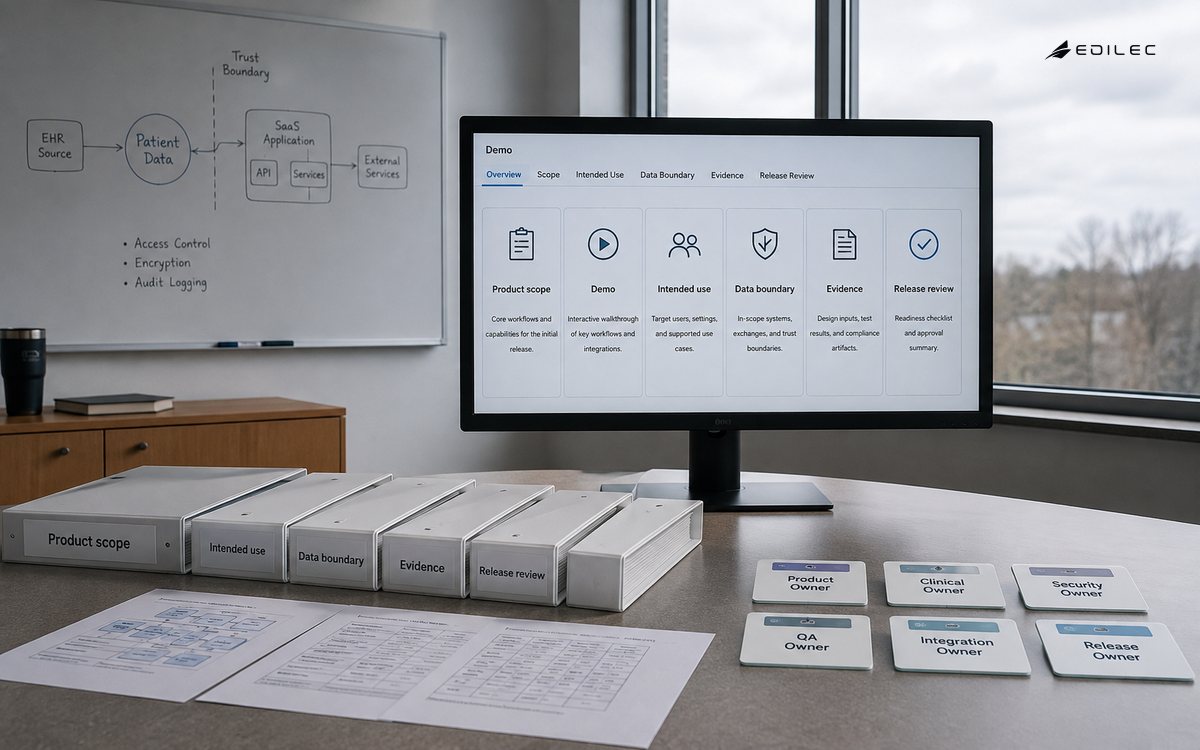 Wide documentary photograph of a healthcare product review room with empty standing table, scope binders and a modest supported opaque monitor.