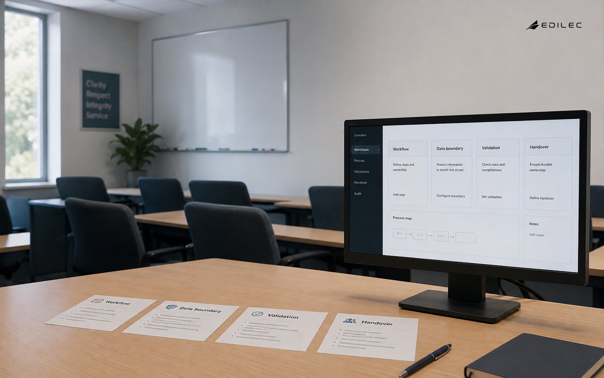 An empty healthcare training room presents a delivery and handover review.