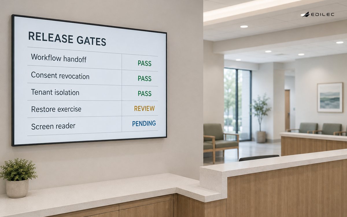 Healthcare SaaS release display showing consent, tenant isolation, restore and accessibility gates.