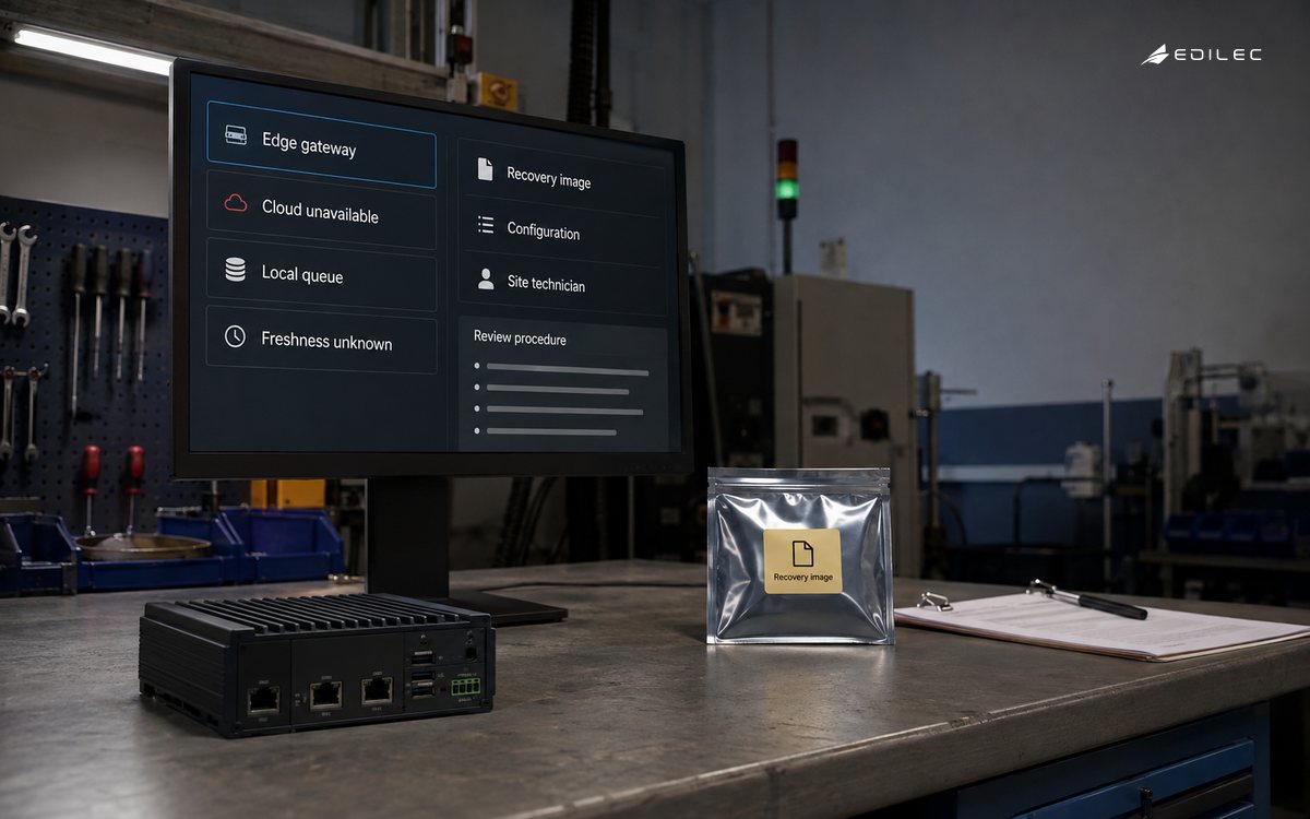 A factory maintenance bench holds a spare edge gateway, approved recovery pack and mounted monitor with quiet workshop context.