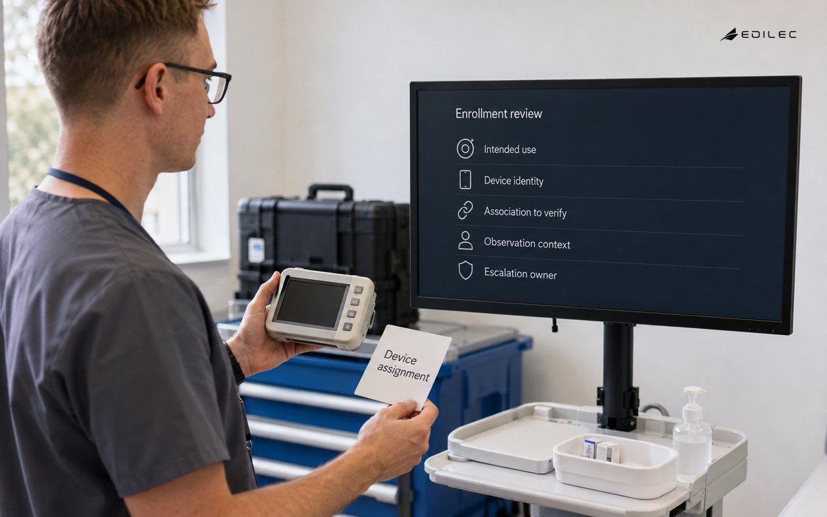 A healthcare technician compares a monitoring device with an assignment card before association is verified.
