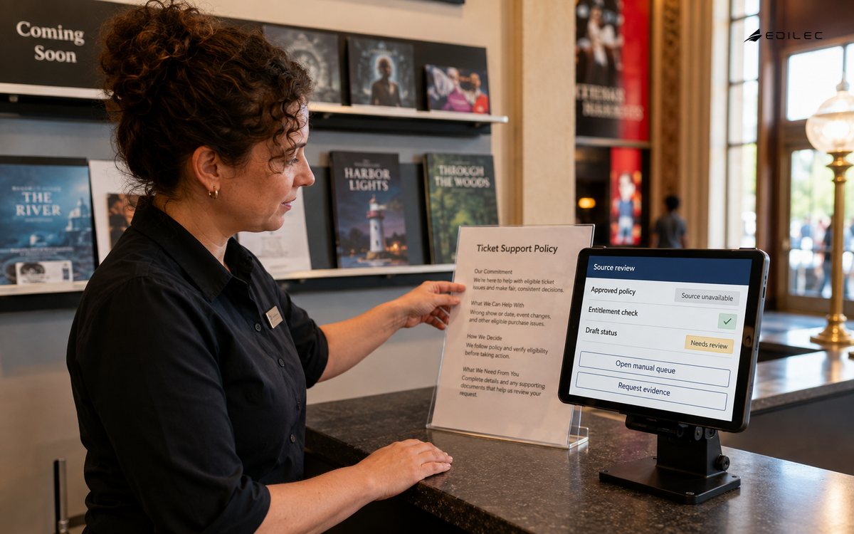A ticket-support worker checks source evidence beside a draft that needs manual review.