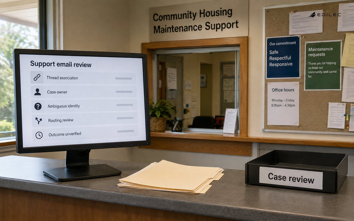 A support reception separates email-thread association from case ownership and verified outcomes.