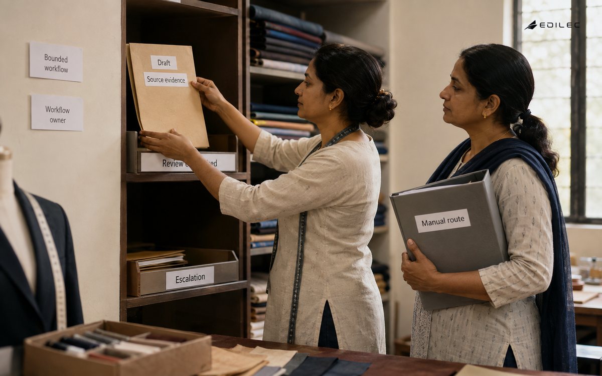 Standing operations colleagues move a draft to review beside a manual-continuity binder.