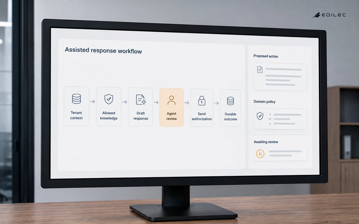 An assisted-response workflow separates a tenant-scoped draft from review and send authorization.