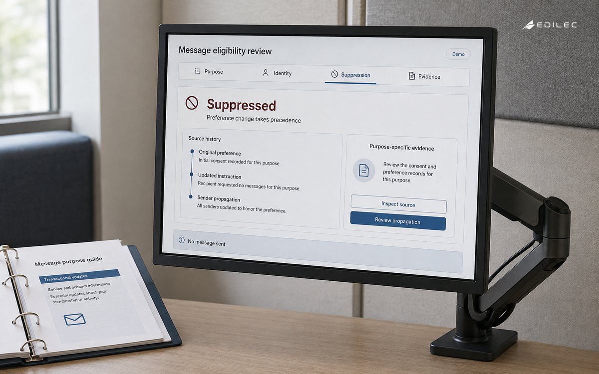 A CRM email review preserves suppression precedence and purpose-specific evidence before sending.