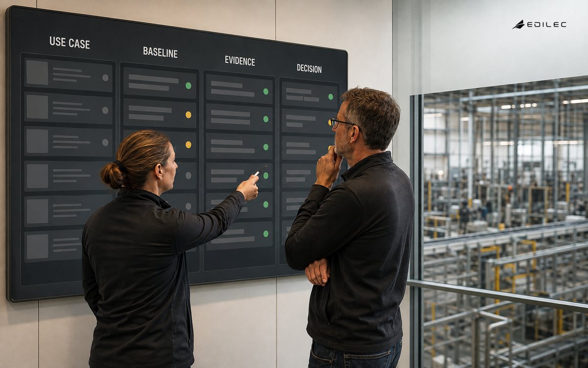 Manufacturing team reviewing AI pilot evidence beside a production floor.