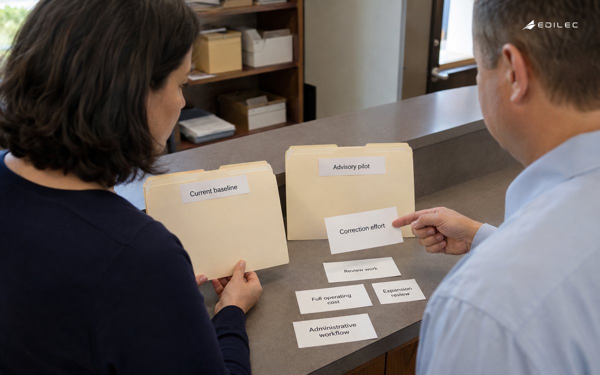 Administrative reviewers compare an advisory pilot with baseline and correction work before expansion.