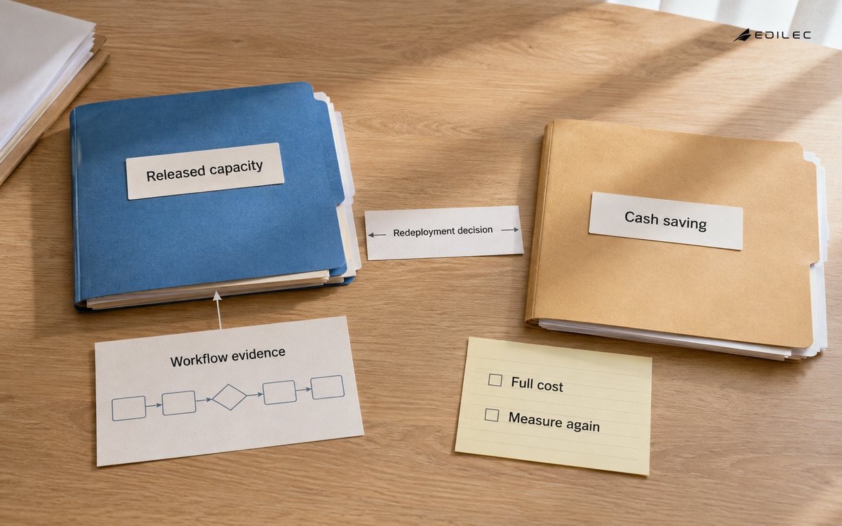 A paper benefit model keeps released capacity separate from cash savings until a redeployment decision is evidenced.