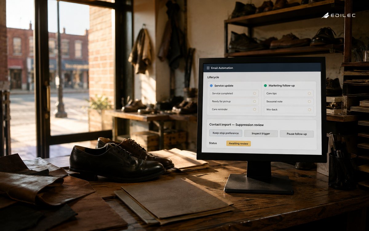 A shoe-repair email workflow preserves a stop preference when an imported contact is reviewed.