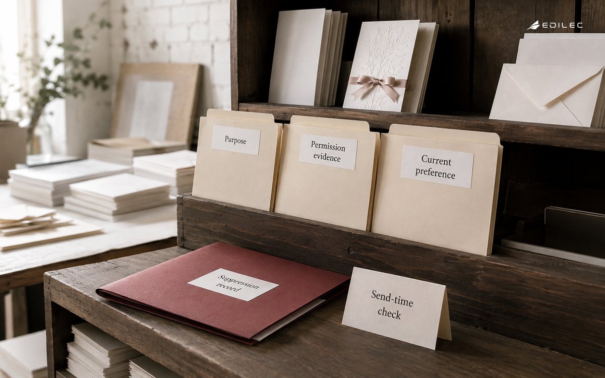 A stationery studio’s communication records keep suppression evidence visible beside purpose and permission folders.