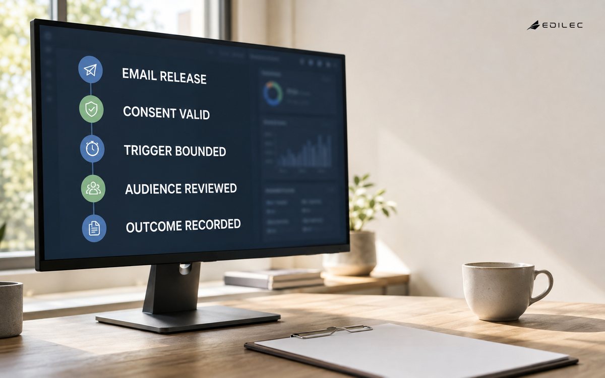 CRM email release screen in a quiet office showing consent, trigger, audience and outcome checks.