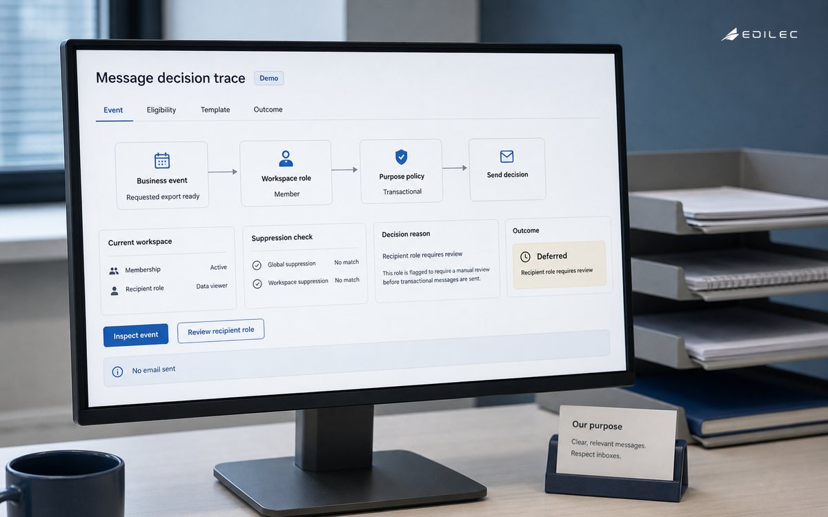 A SaaS email trace defers an export notification until recipient role and message policy are reviewed.