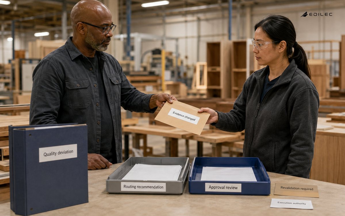 Quality coordinators review changed inspection evidence before a manufacturing approval can proceed.
