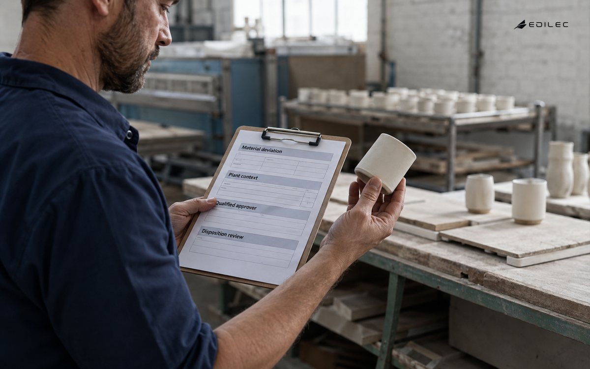 Candid standing quality technician comparing a small ceramic sample against a deviation form in a ceramics workshop.