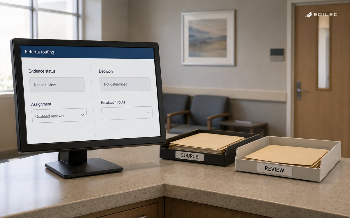 A referral-administration desk separates reviewer assignment from an undetermined healthcare decision.