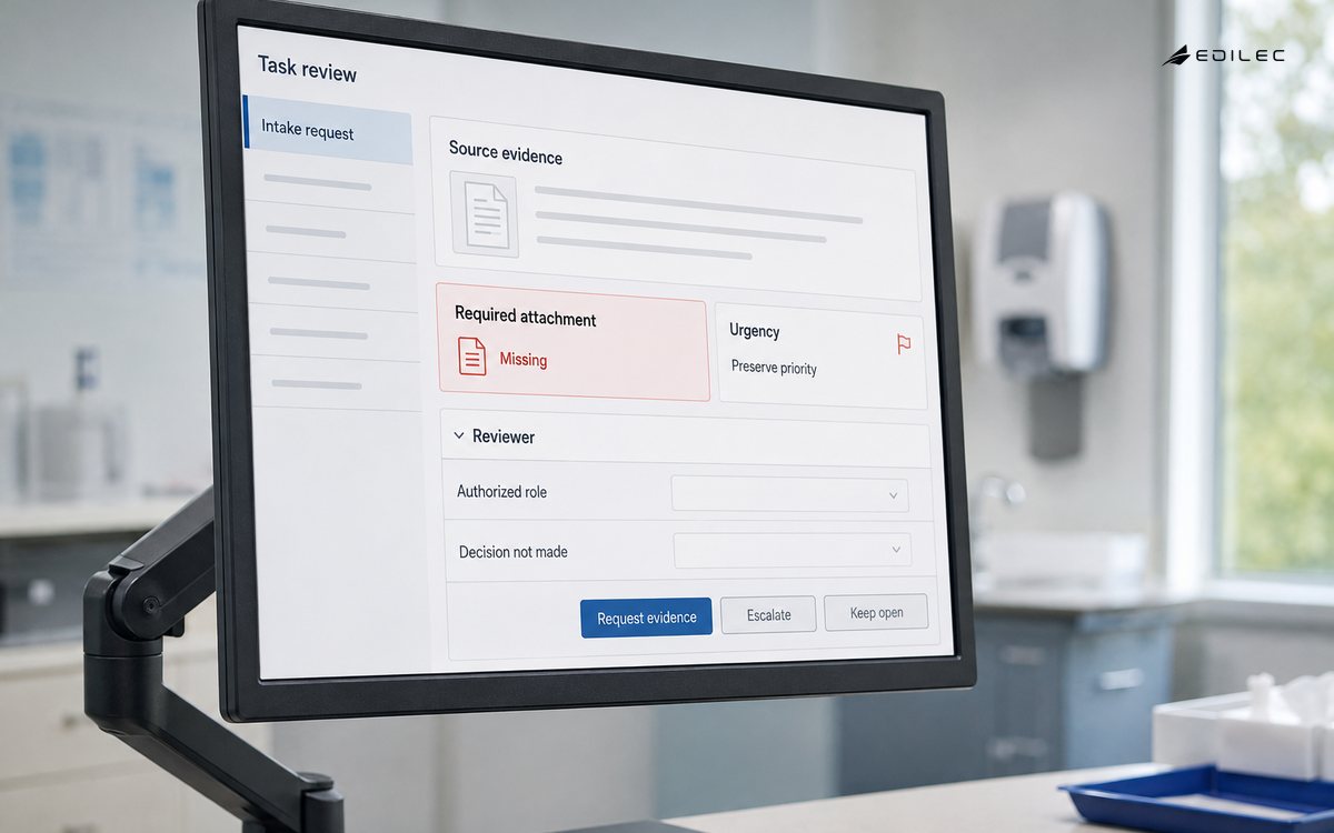 A healthcare task review requests missing evidence while preserving priority and an open human decision.