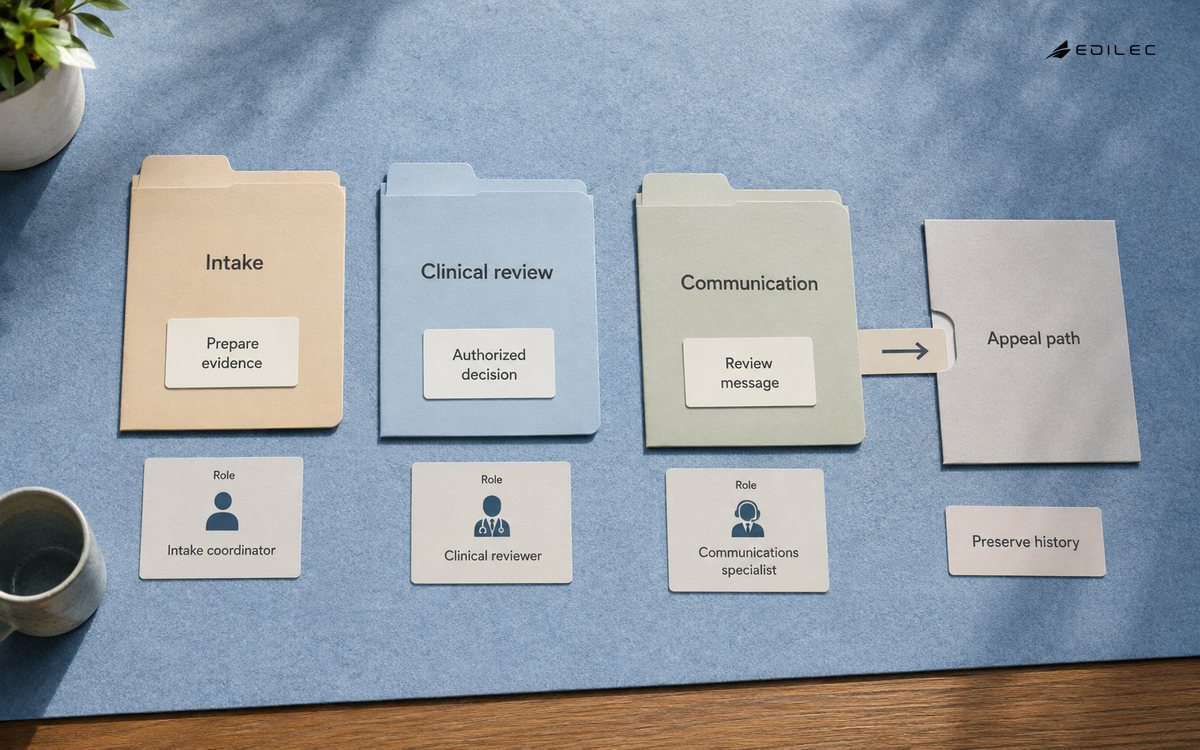 A paper healthcare workflow separates evidence preparation, authorized decisions, communication and appeals.
