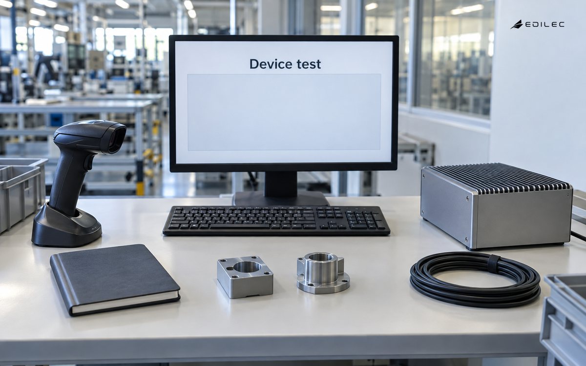 A barcode scanner in its cradle and a separate gateway sit on a clean device testing bench beside a test screen.