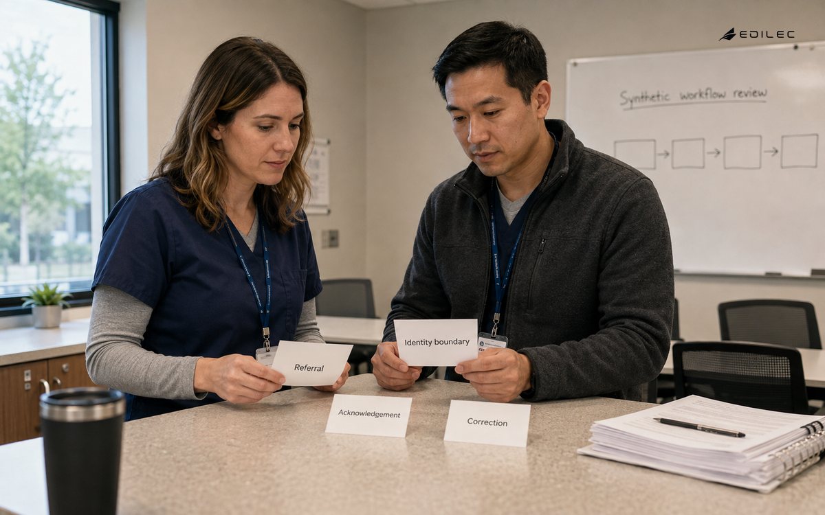 Reviewers compare synthetic referral workflow cards in a healthcare training room.