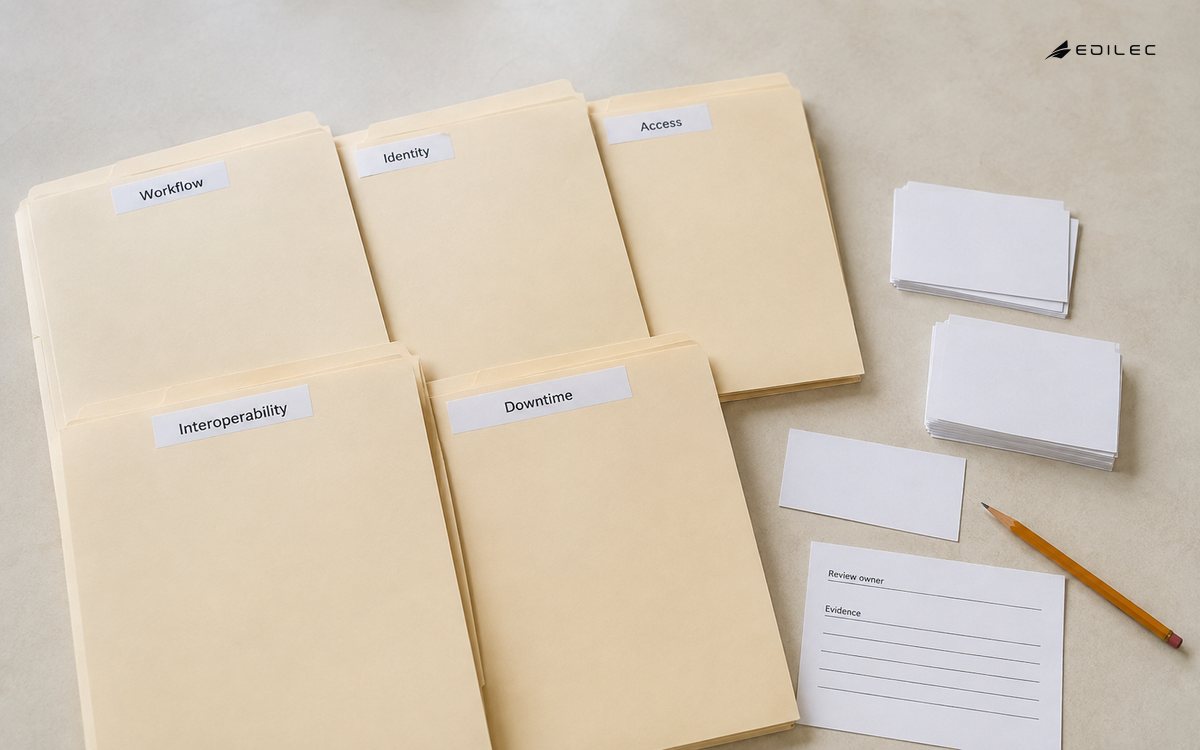 Paper folders organize healthcare software QA by workflow, identity, access, interoperability and downtime.
