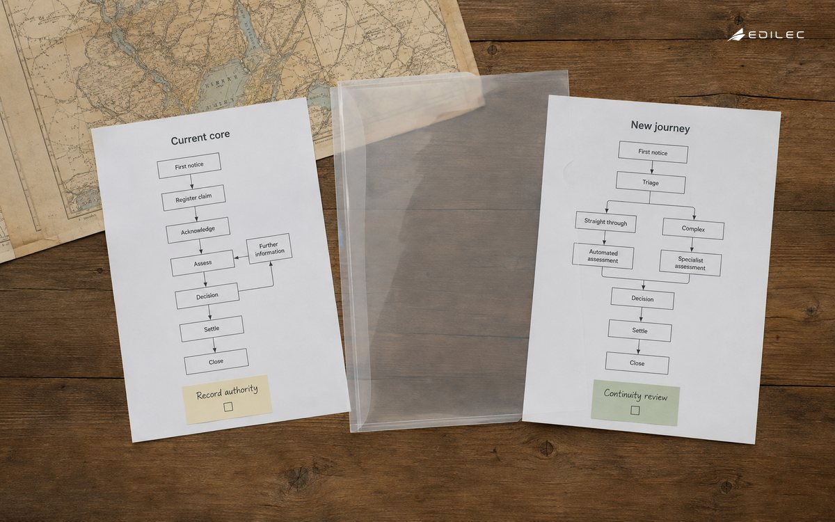 Top-down paper-only photograph of a claims workflow planning table, old service map and proposed journey separated by a transparent empty folder.