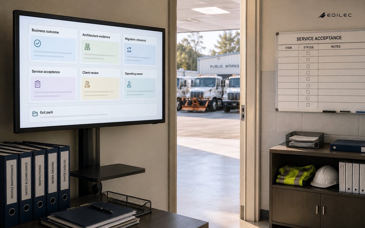 An unoccupied municipal fleet office contains a supported monitor, maintenance binders and a service acceptance board.