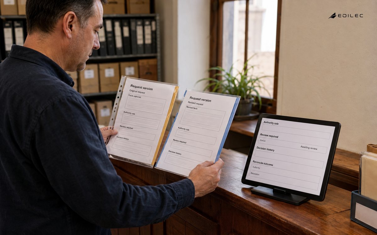 A reviewer compares revised request facts with the authority rule and decision history.
