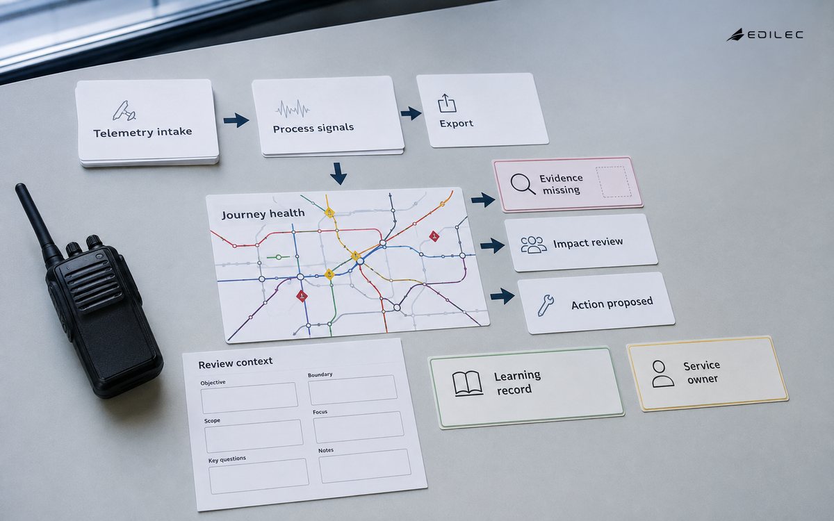 Close overhead photograph of a public transport service-review table with paper signal cards, an evidence-quality worksheet and a closed radio.