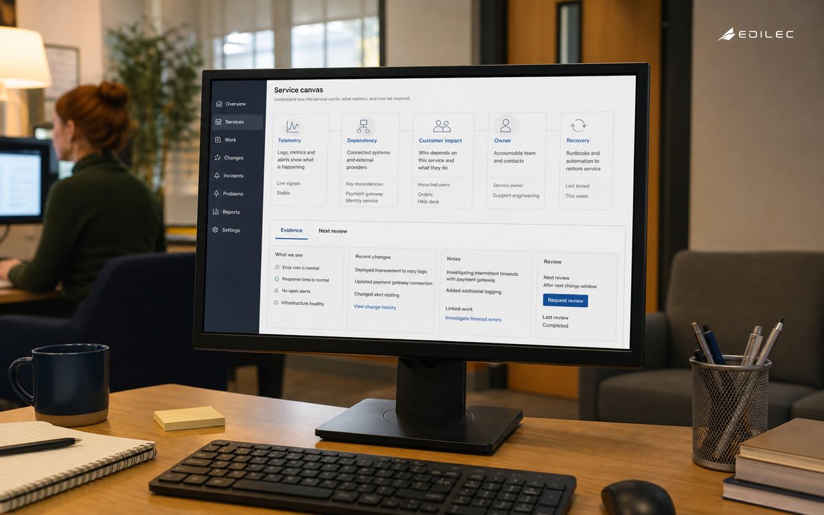 A service canvas connects telemetry and customer impact to a recovery owner.