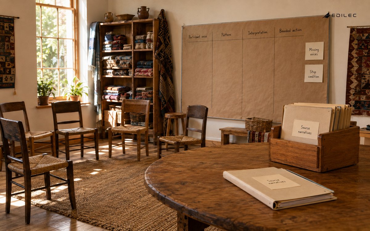 A community workshop separates participant voice, interpretation and bounded action beside narrative folders.